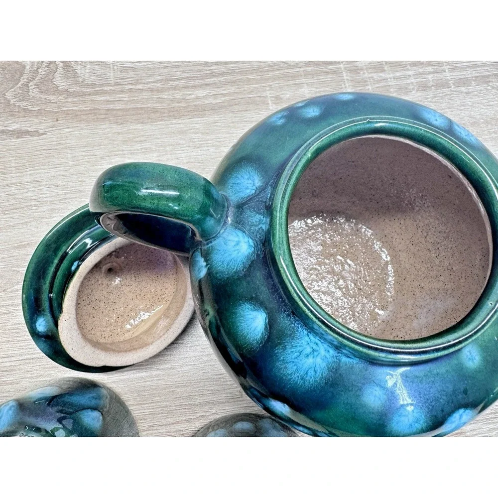 The Arkansas Stoneware Co Teapot Cup Set Green‎ Drip Glaze Studio Pottery